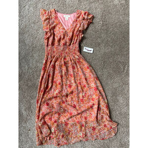 Women's Jessica Simpson M Coral Orange Floral Smocked Midi Dress